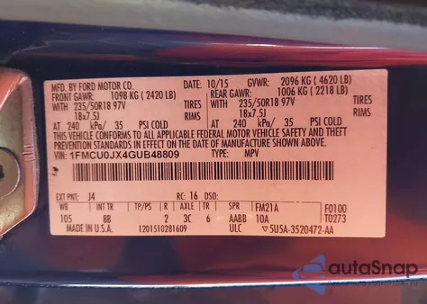 2016 Ford Escape Titanium z USA, uszkodzony, nr VIN 1FMCU0JX4GUB48809